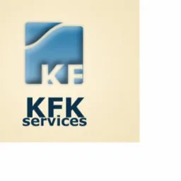 Logo firmy KFK Services: niebieski kwadrat z białą falą i literami KE, poniżej napis KFK services w ciemnoniebieskiej czcionce na kremowym tle.