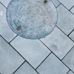 Szara kostka brukowa ułożona pod kątem z okrągłą studzienką kanalizacyjną pośrodku, widok z góry.