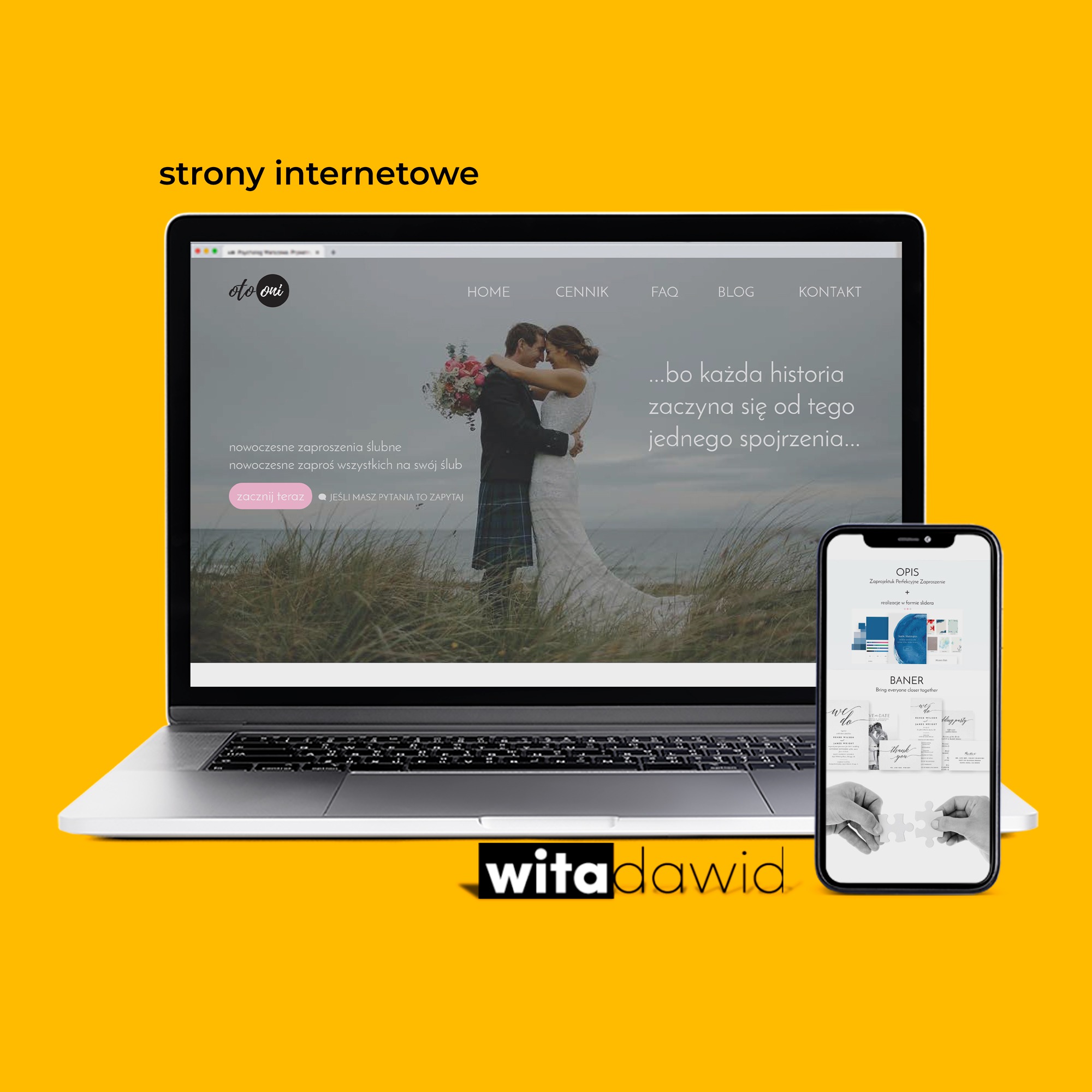 Laptop i smartfon prezentują responsywną stronę internetową z motywem ślubnym, wyświetlającą zaproszenia i banery, na żółtym tle z logo firmy.