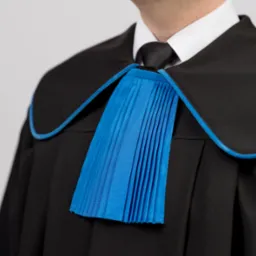 Zbliżenie na togę adwokacką: czarna szata z niebieskim wykończeniem i żabotem, biała koszula i czarny krawat, widoczny fragment szyi.