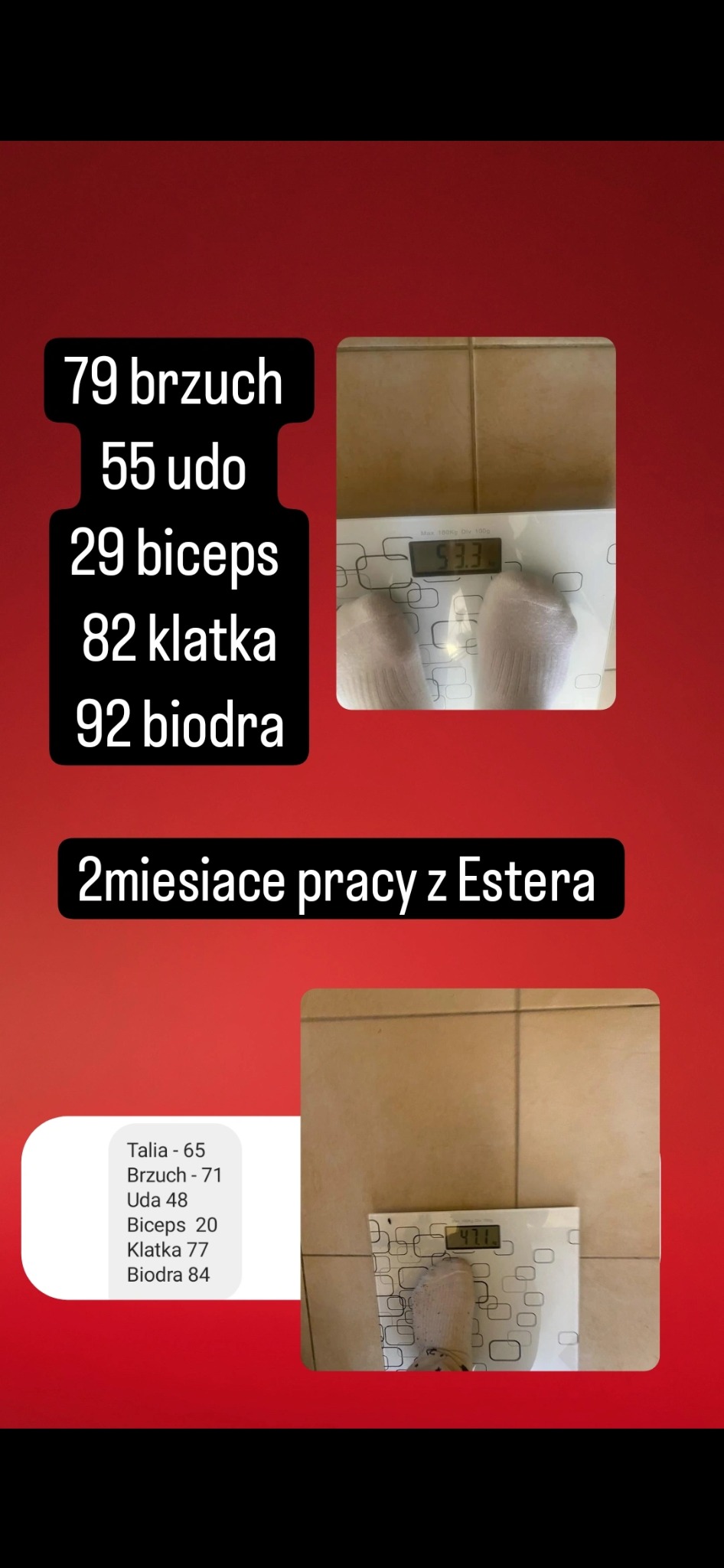 Porównanie pomiarów ciała przed i po dwóch miesiącach pracy z trenerem personalnym w Warszawie, widoczne na wadze łazienkowej i w formie tekstu z wymiarami brzucha, uda, bicepsa, klatki piersiowej...