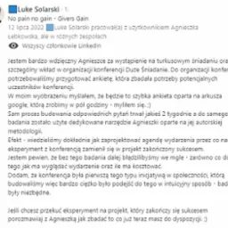 Zrzut ekranu posta z LinkedIn z podziękowaniem za pomoc w organizacji konferencji i podkreśleniem roli badań potrzeb uczestników.