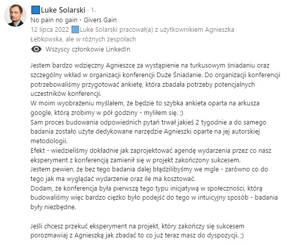 Zrzut ekranu posta z LinkedIn z podziękowaniem za pomoc w organizacji konferencji i podkreśleniem roli badań potrzeb uczestników.