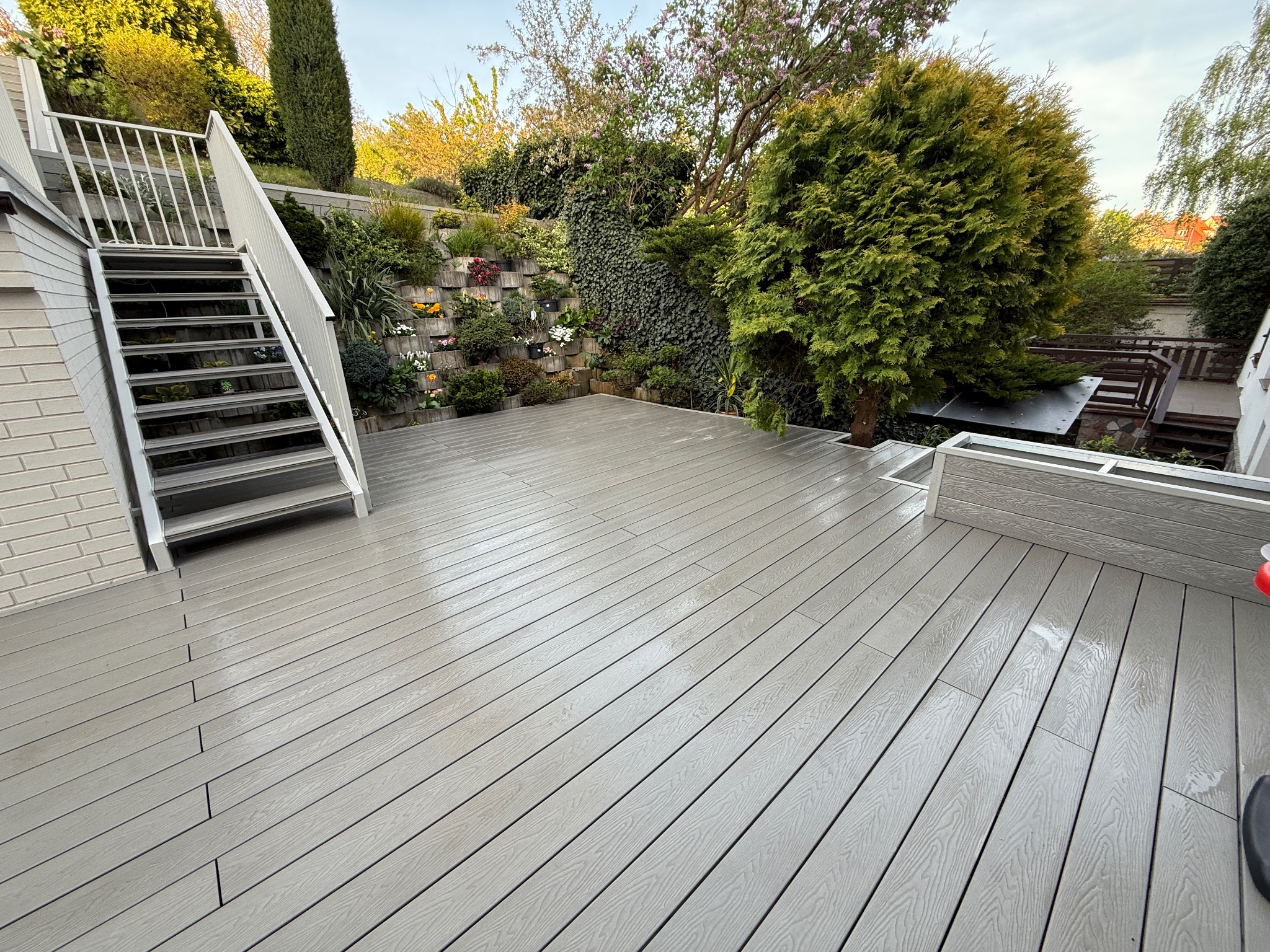 Jasnoszary taras kompozytowy z desek ułożonych wzdłuż, schody z białymi barierkami i zielony ogród w tle. Widok na zewnątrz z tarasu.