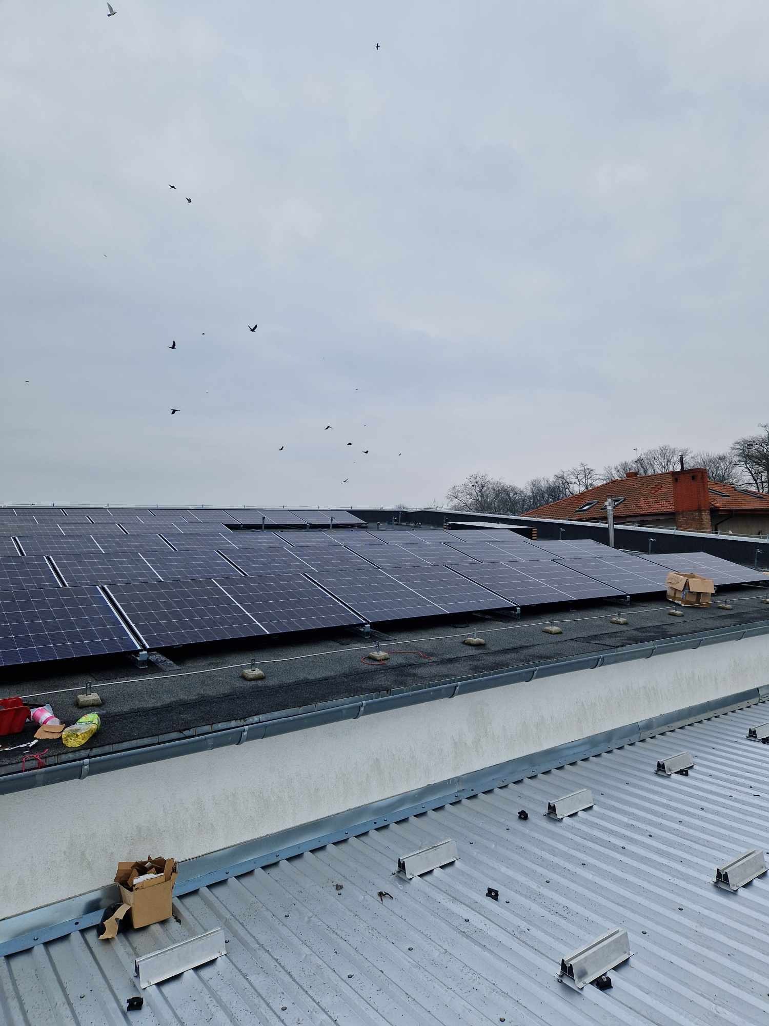 Rząd paneli słonecznych na dachu budynku, z widocznymi kartonami i narzędziami, a na tle pochmurne niebo z przelatującymi ptakami.