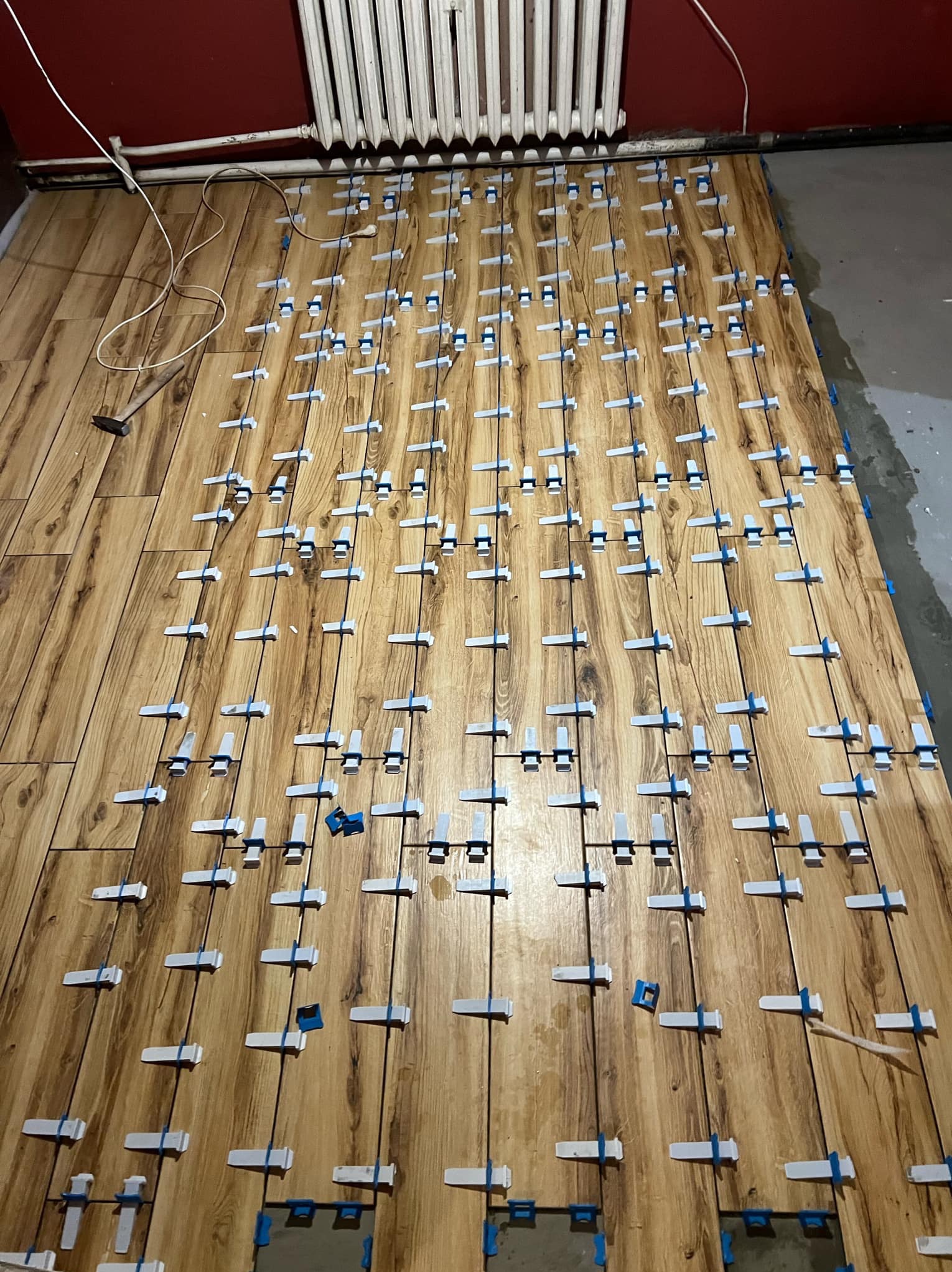 Układanie paneli podłogowych z użyciem systemu poziomowania, widoczne kliny i elementy dystansowe, na tle czerwonej ściany z grzejnikiem.