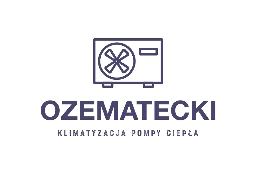 Logo firmy OZEMATECKI oferującej klimatyzację i pompy ciepła, z graficznym symbolem klimatyzatora.
