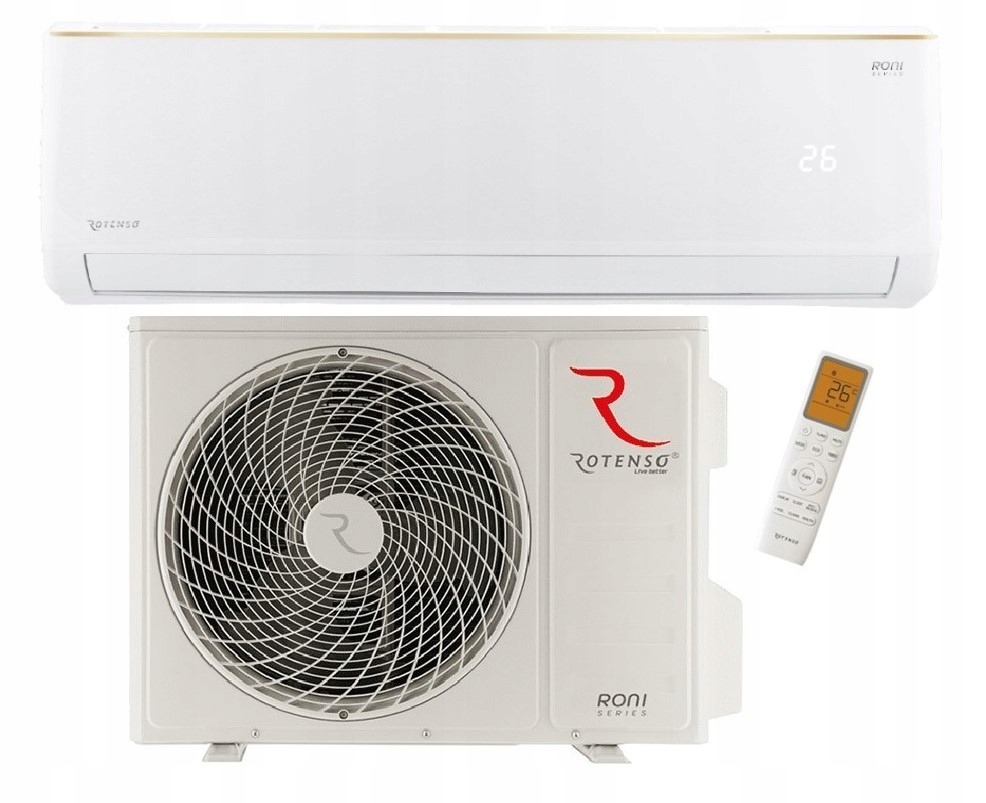 Nowoczesny, biały klimatyzator Rotenso Roni Series, z widocznym panelem wewnętrznym, jednostką zewnętrzną i pilotem, prezentowany na białym tle, oferowany w Poznaniu.