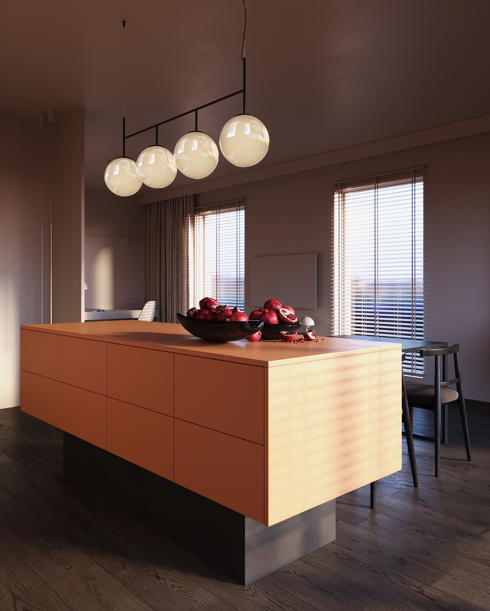 Nowoczesna kuchnia z wyspą, oświetleniem kulowym i owocami w misie. Ciepłe światło słoneczne wpada przez okno z żaluzjami, oświetlając drewnianą podłogę.