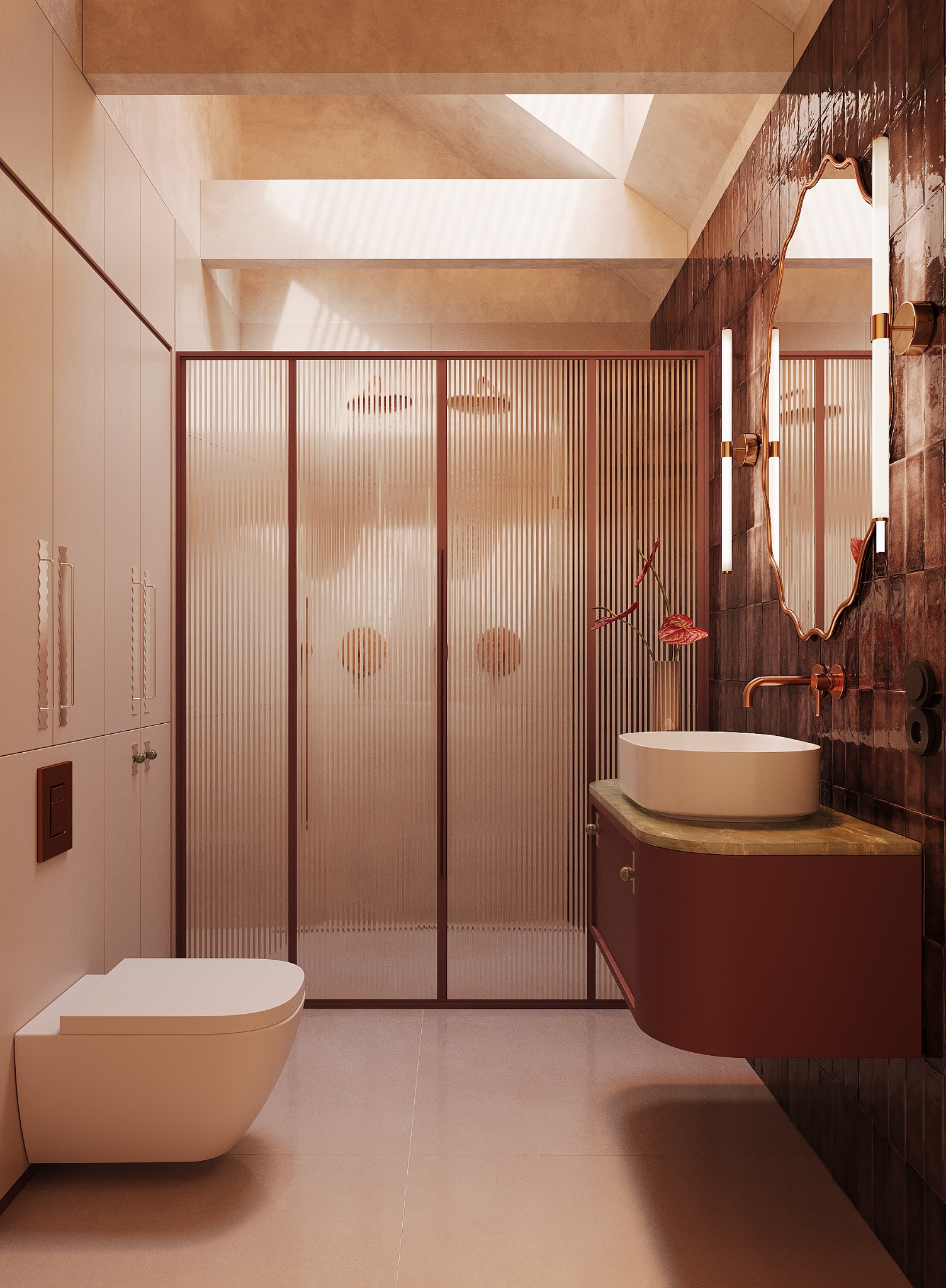 Nowoczesna łazienka w ciepłych tonacjach z kabiną prysznicową z ryflowanego szkła, owalną umywalką i lustrem w ozdobnej ramie. Minimalistyczny design i eleganckie wykończenie.