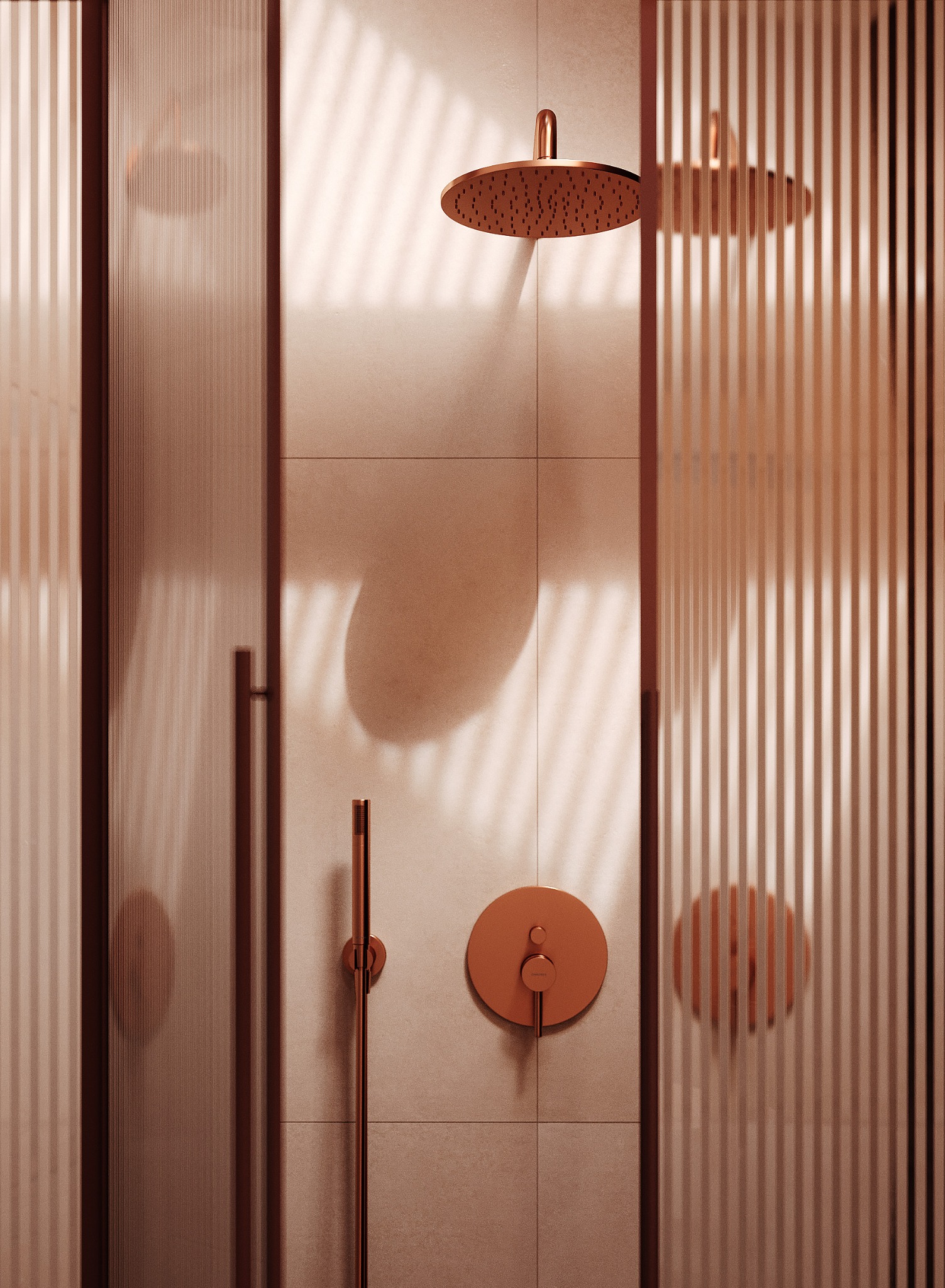 Minimalistyczna łazienka z kabiną prysznicową w odcieniach beżu i miedzi. Widoczna deszczownica, bateria i szklane drzwi z pionowymi żłobieniami.