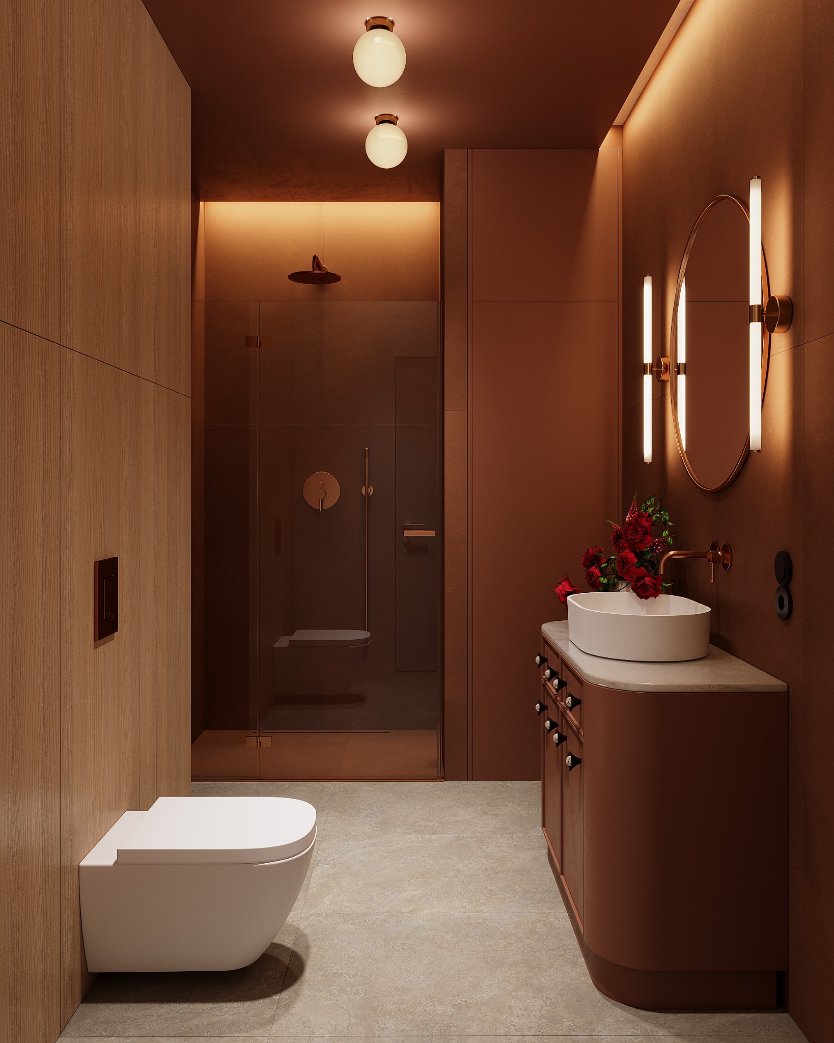 Nowoczesna łazienka w odcieniach brązu z kabiną prysznicową typu walk-in, umywalką nablatową i okrągłym lustrem z oświetleniem LED. Całość dopełniają kwiaty w wazonie.