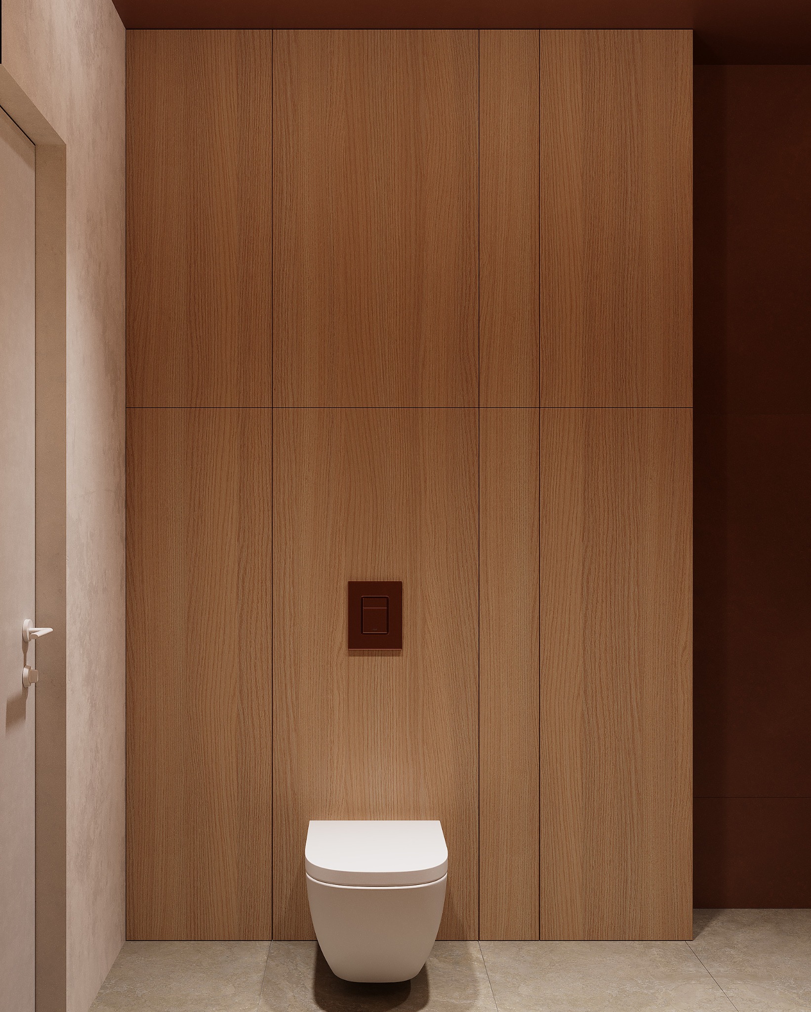 Nowoczesna toaleta w minimalistycznej łazience z drewnianą zabudową i brązowym akcentem. Czyste linie, stonowana kolorystyka, ukryta spłuczka. Projekt z dbałością o detale.