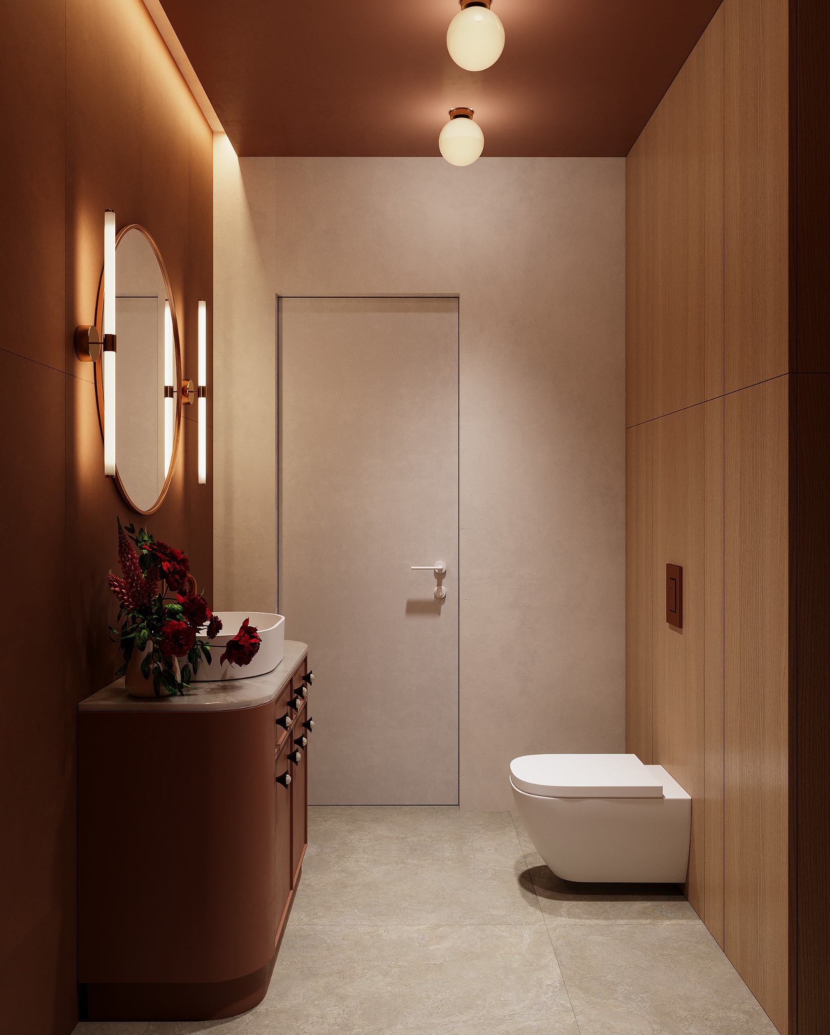 Stylowa łazienka w ciepłych brązach: owalne lustro z oświetleniem, biała umywalka z kwiatami, podwieszana toaleta i drewniana boazeria. Minimalistyczny i elegancki design.