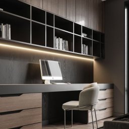 Wawrzyniak Karol - Nowoczesne biuro domowe z ciemnego drewna, podświetlana półka nad biurkiem, minimalistyczne krzesło i komputer.