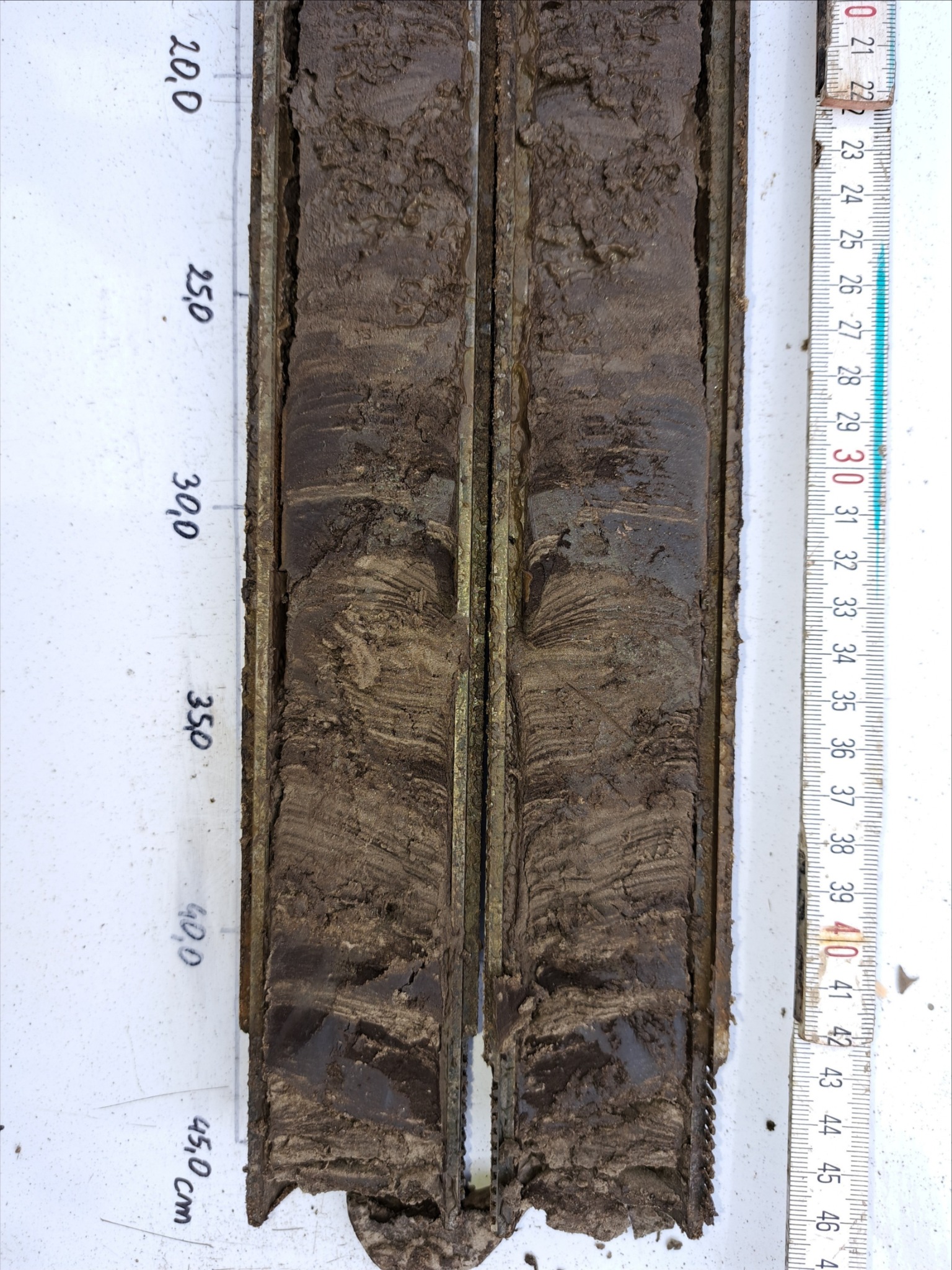 Grunt pobrany w próbniku SPT. Widoczna wyraźne laminacja warstewek pyłu i piaseku pylastego.