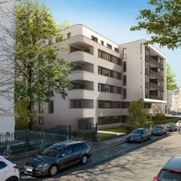 Wizualizacja nowoczesnego, białego budynku mieszkalnego z balkonami, widok z ulicy z zaparkowanymi samochodami i drzewami.