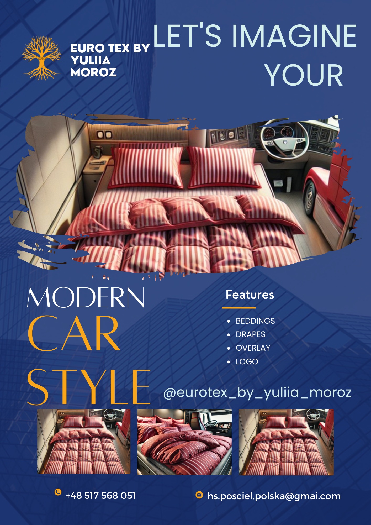 Wnętrze kabiny ciężarówki z kompletem pościeli w czerwono-białe paski, widok na kierownicę i deskę rozdzielczą, stylizacja 'Modern Car Style' na tle grafiki z wieżowcem.