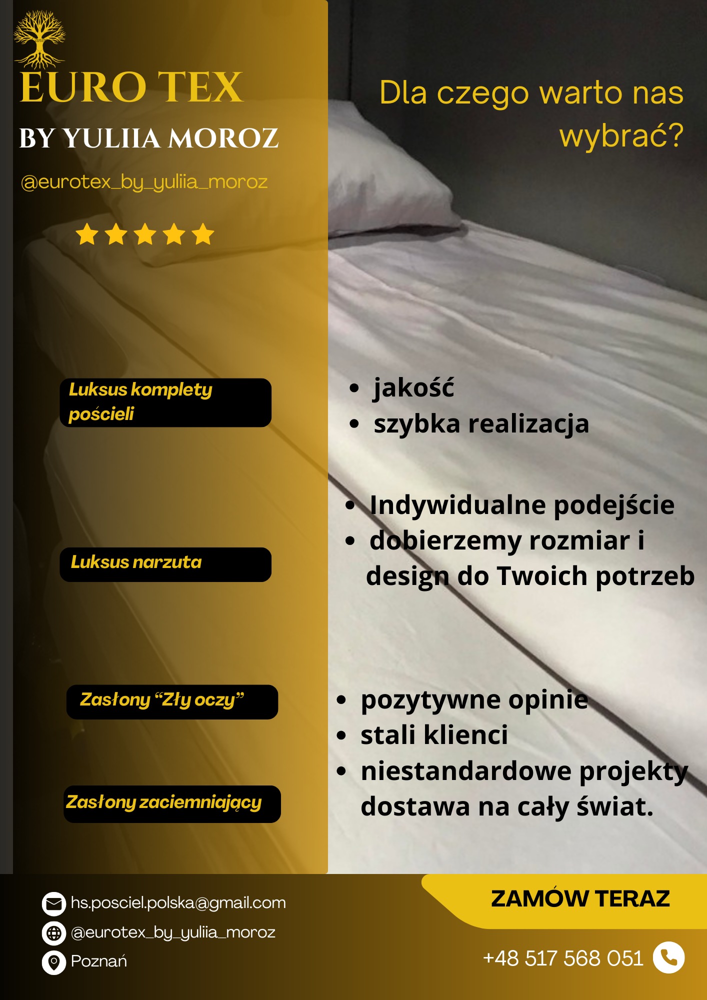 Reklama firmy Euro Tex by Yuliia Moroz z luksusową pościelą i narzutą, zasłonami, pozytywnymi opiniami, indywidualnym podejściem oraz możliwością zamówienia. Widoczny adres e-mail, profil...