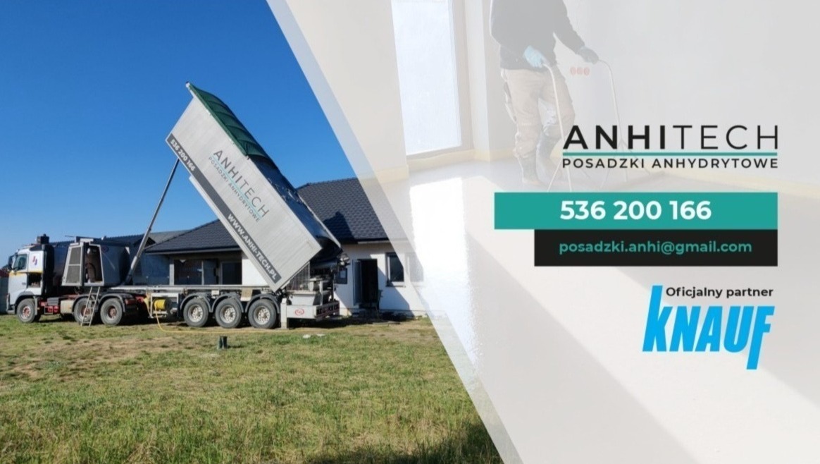 Ciężarówka z podniesioną skrzynią ładunkową firmy AnhiTech na tle budowanego domu, widok na wylewkę wewnątrz budynku oraz dane kontaktowe i logo firmy.