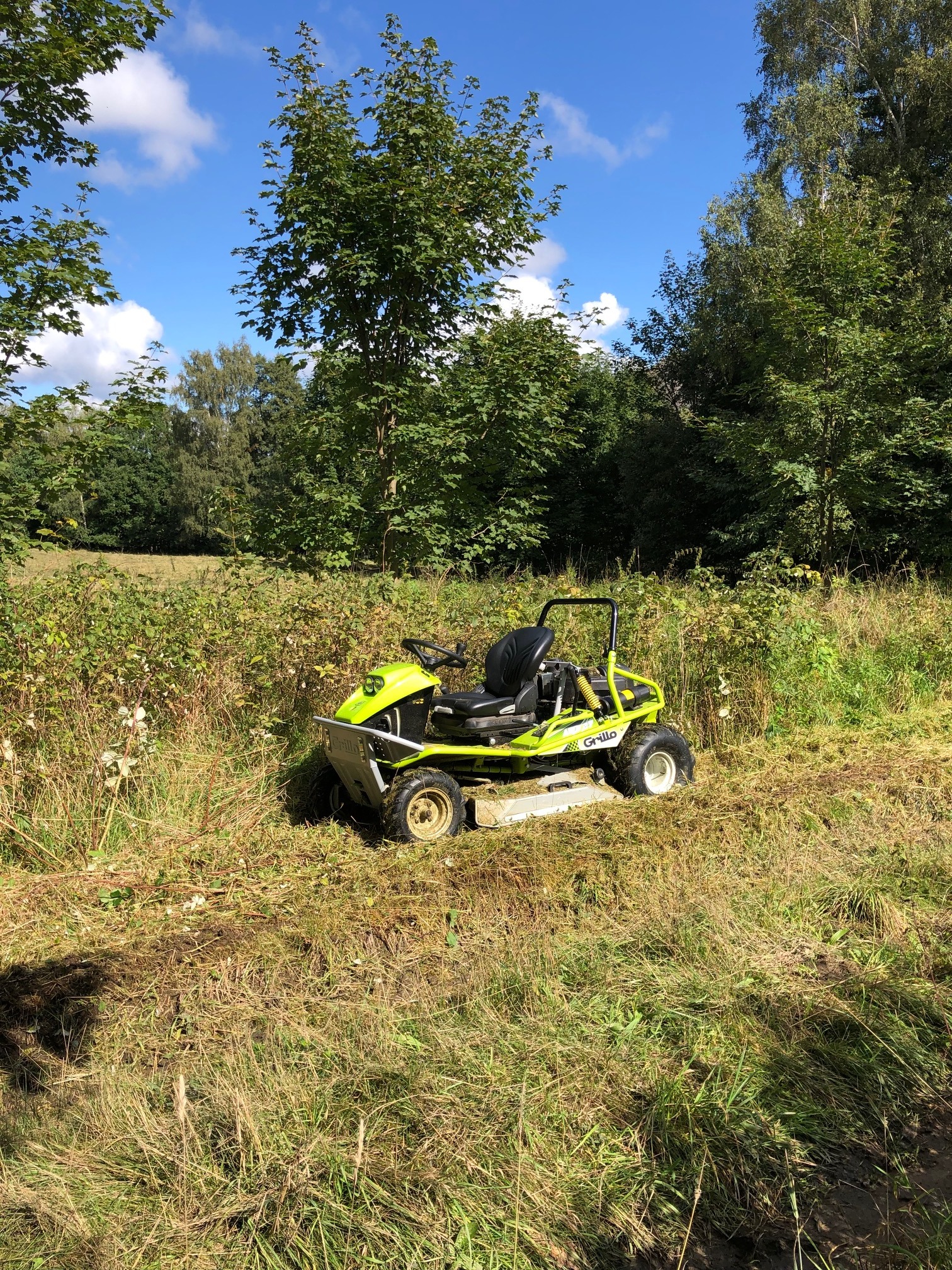 Żółto-zielona kosiarka samojezdna marki Grillo na zarośniętej łące, widoczne ślady świeżo skoszonej trawy, w tle drzewa i błękitne niebo z chmurami.