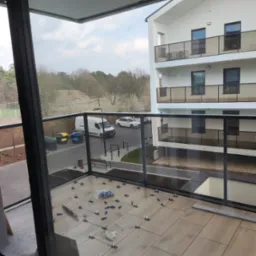 Układanie płytek na balkonie z widokiem na parking i budynek mieszkalny, widoczne krzyżyki dystansowe i młotek.