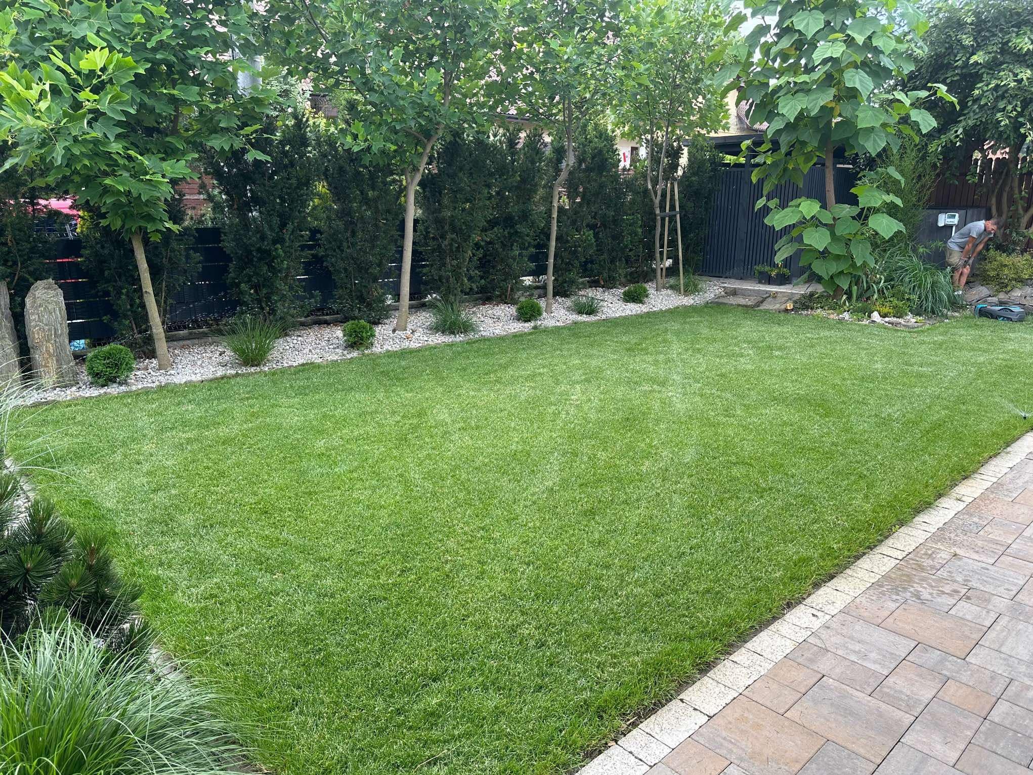 Starannie utrzymany trawnik z równo przystrzyżoną trawą, obrzeżony kostką brukową i białym żwirem, z rzędem drzew i krzewów w tle, oraz mężczyzną doglądającym roślinności w prawym górnym rogu.