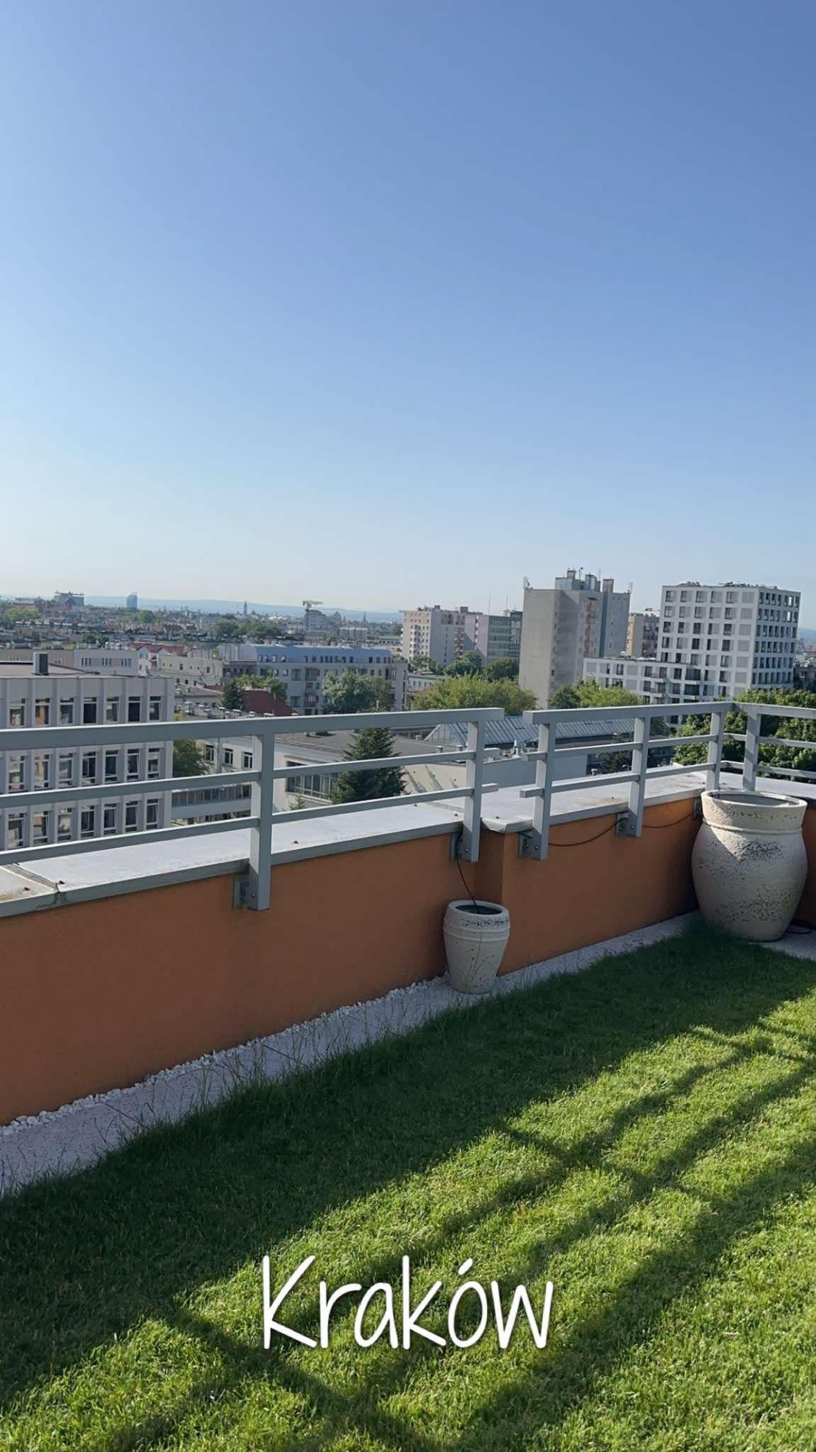 Zadbany trawnik na dachu budynku z widokiem na panoramę miasta Kraków, ozdobne donice po bokach.
