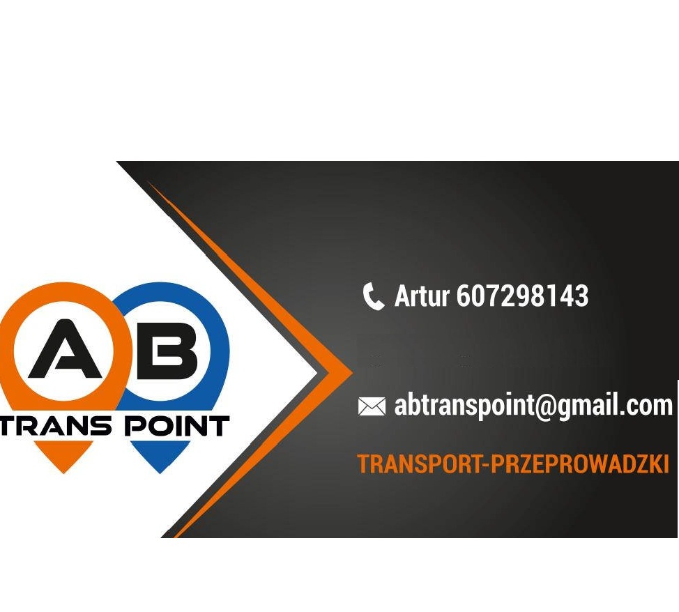 Wizytówka firmy transportowej z logo AB Trans Point, numerem telefonu i adresem e-mail, oferującej usługi transportowe i przeprowadzki.