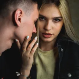 Portret zbliżeniowy młodej kobiety z blond pasemkami, spoglądającej w obiektyw, z ręką ozdobioną pierścionkiem i bransoletką dotykającą twarzy mężczyzny z krótkimi włosami