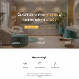 Strona internetowa salonu urody Perła Urody z jasnym wnętrzem w tle, prezentująca ofertę i dane kontaktowe.