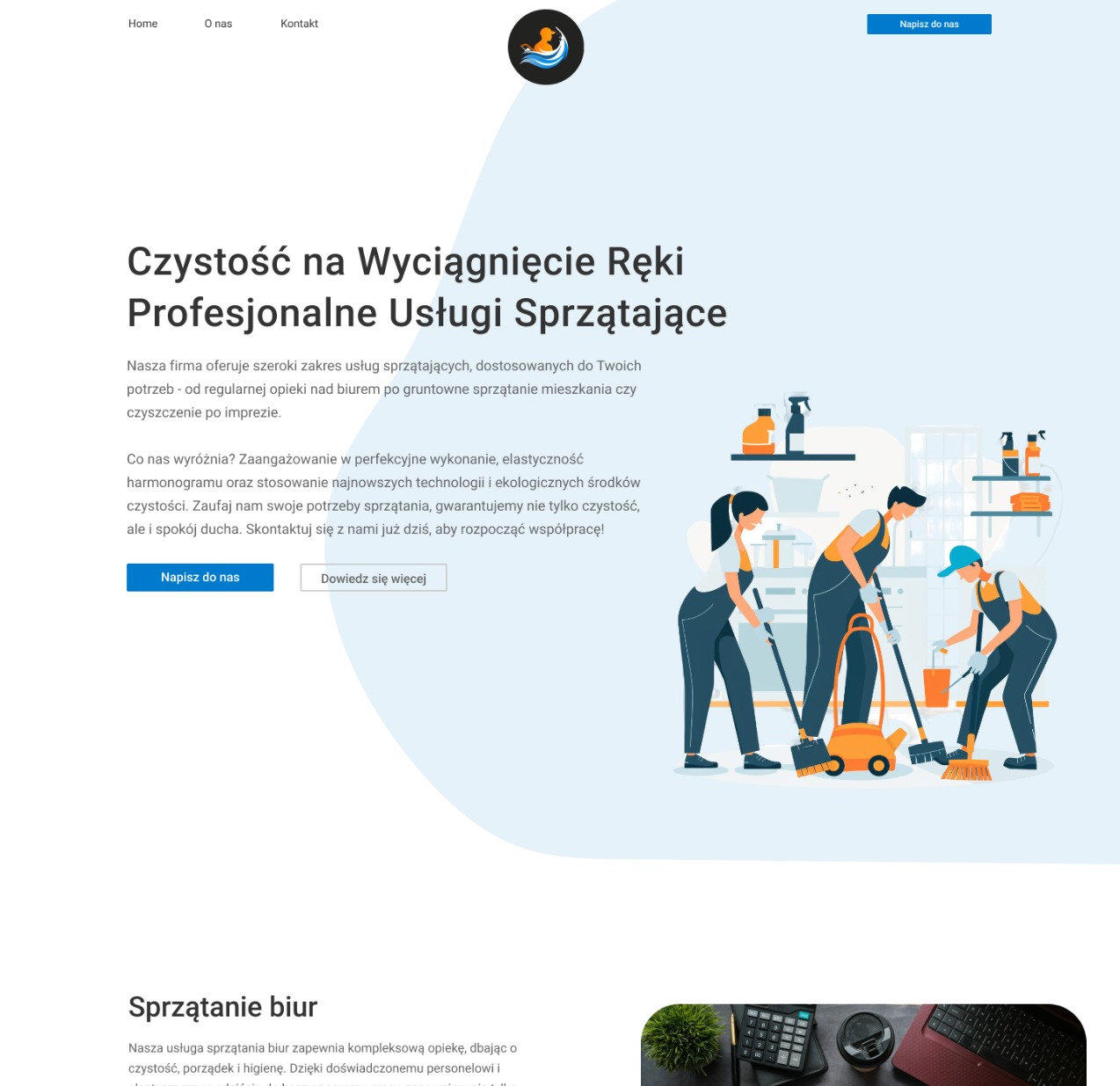 Ilustracja przedstawiająca trzy osoby w kombinezonach sprzątające biuro: jedna odkurza, druga zamiata, trzecia myje podłogę. Na półkach widoczne środki czystości.