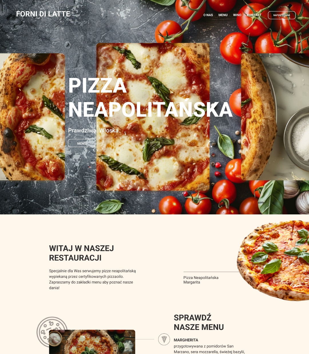 Projekt strony internetowej restauracji z pizzą neapolitańską, prezentujący apetyczne zdjęcia pizzy z pomidorami, bazylią i mozzarellą na tle z pomidorami i czosnkiem.