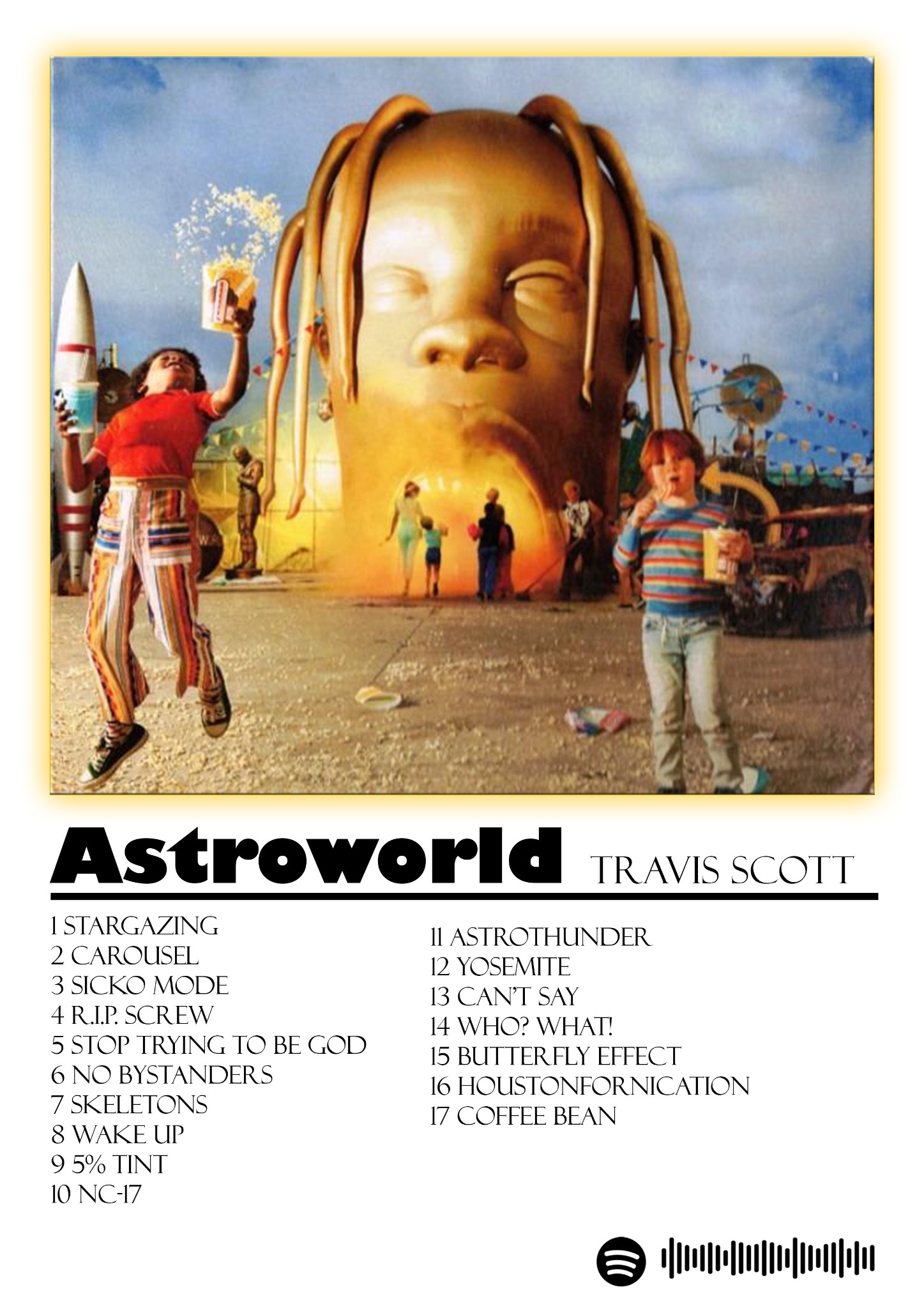 Okładka albumu Astroworld Travisa Scotta przedstawiająca park rozrywki z gigantyczną, złotą głową artysty, dzieci z popcornem i rakietą, oraz listą utworów i kodem Spotify.