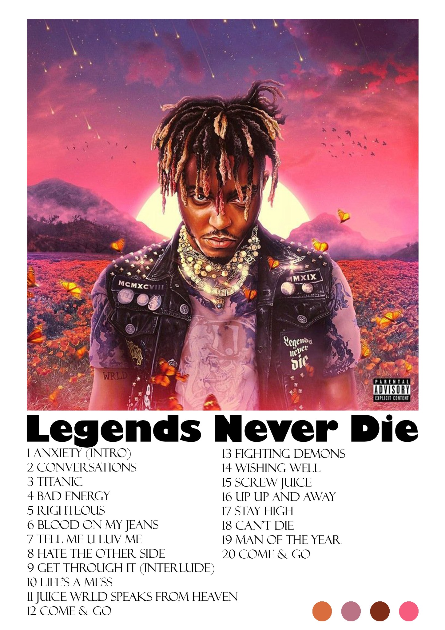 Okładka albumu muzycznego 'Legends Never Die' z portretem Juice WRLD na tle fantastycznego krajobrazu z motylami i spadającymi gwiazdami.