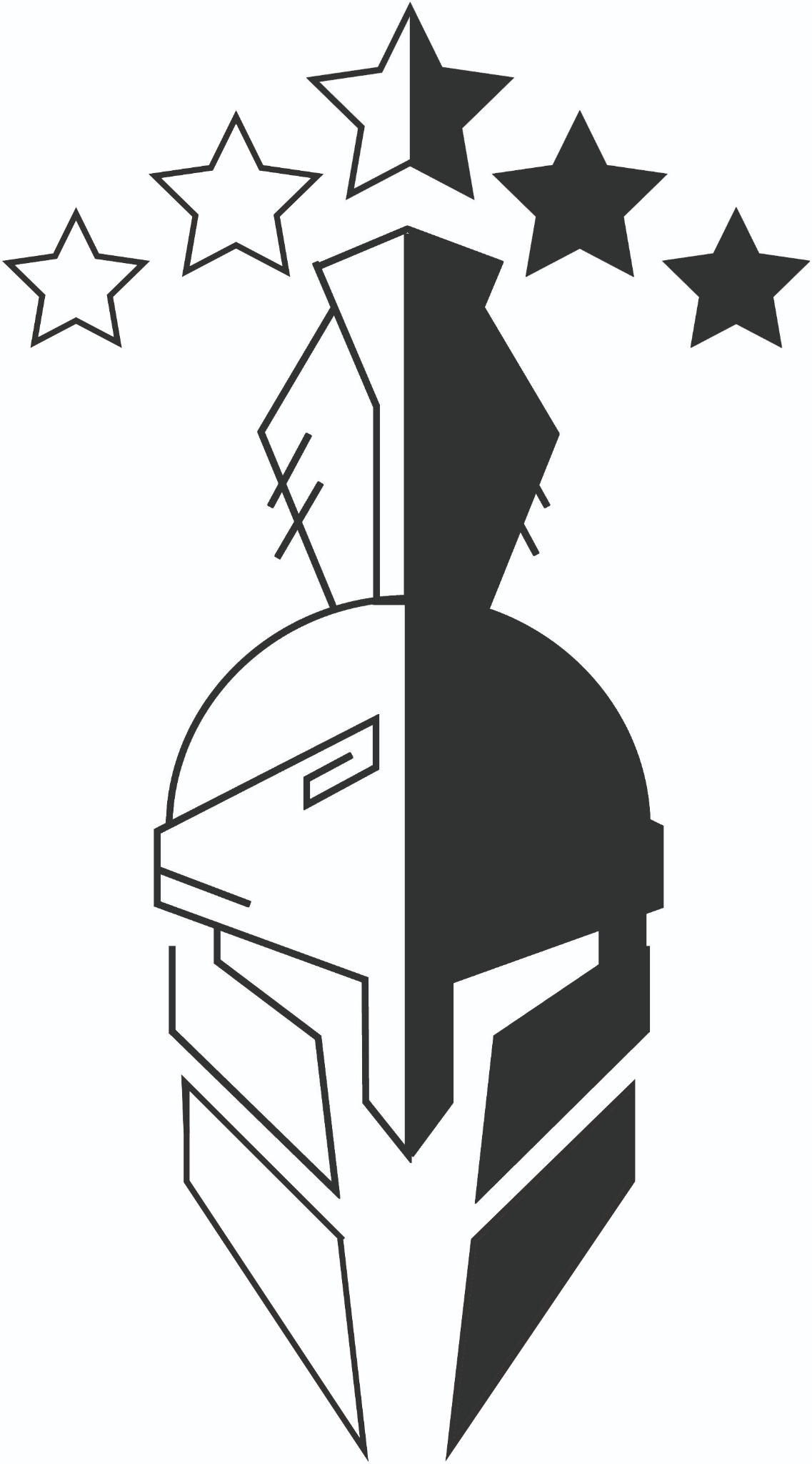 Stylizowany, dwukolorowy (biało-czarny) symbol przedstawiający hełm spartański z pięcioma gwiazdami powyżej, z których trzy są pełne, a dwie to kontury.