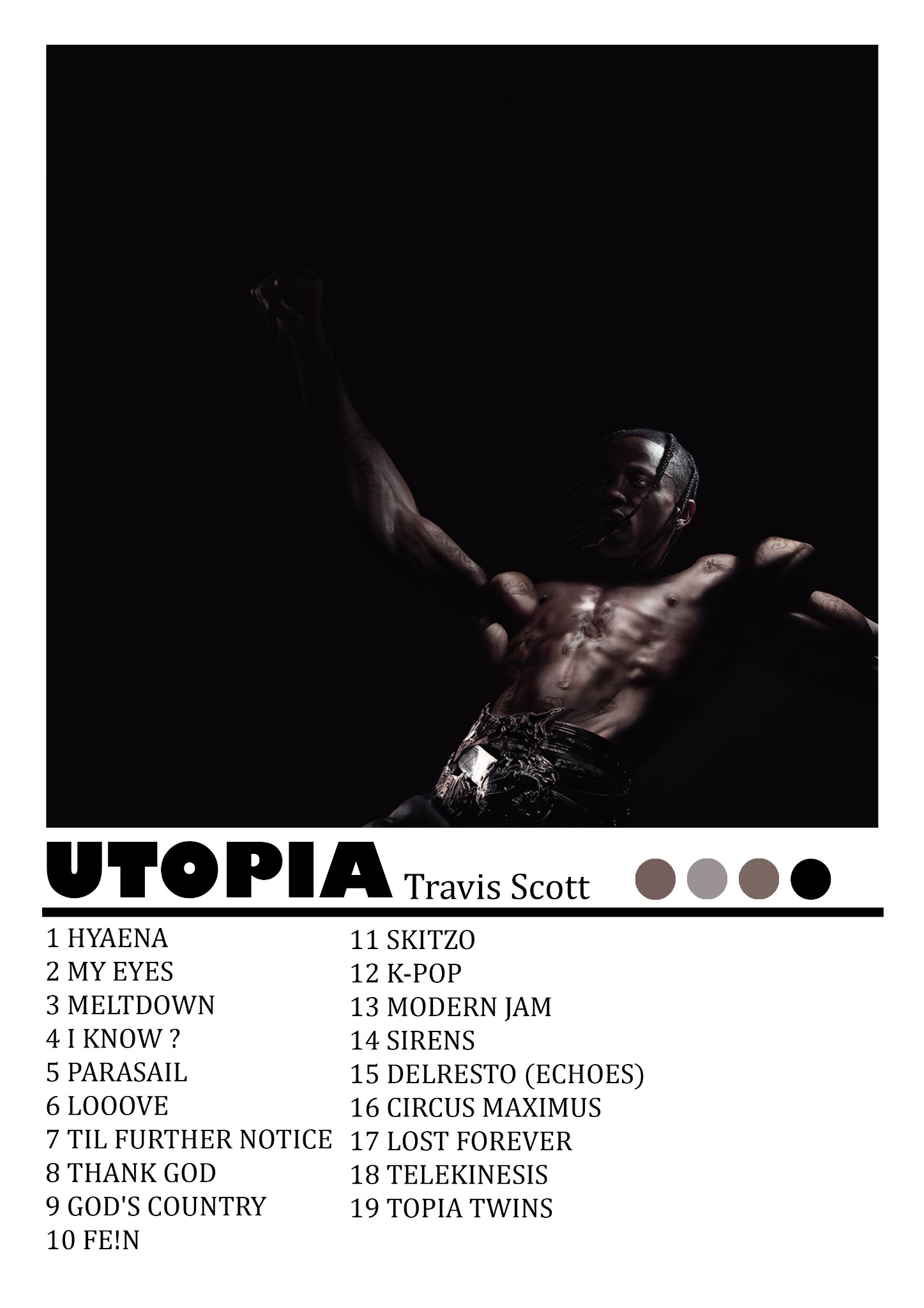 Okładka albumu muzycznego 'Utopia' Travisa Scotta z wizerunkiem artysty na ciemnym tle i listą utworów.