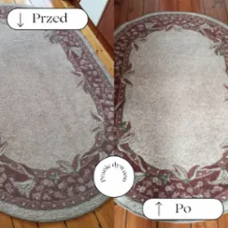 Owalny dywan z bordiurą w kwiaty, widok przed i po czyszczeniu, ukazujący różnicę w odświeżeniu kolorów i usunięciu zabrudzeń