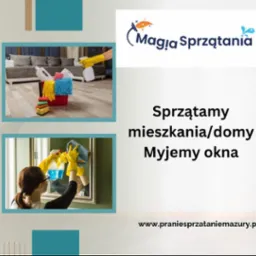 Zestaw środków czystości w wiadrze, odkurzony salon i kobieta myjąca lustro. Grafika reklamowa firmy sprzątającej.