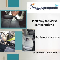 Magia sprzątania mazury - Czyszczenie tapicerki samochodowej: dysza odkurzacza piorącego na zagłówku, wnętrze auta z szarą tapicerką. Oferta firmy Magia Sprzątania z Mazur.