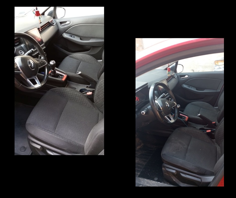Wnętrze samochodu, fotel kierowcy z plamami, widoczna kierownica, deska rozdzielcza i dźwignia zmiany biegów. Dwa ujęcia tego samego auta.