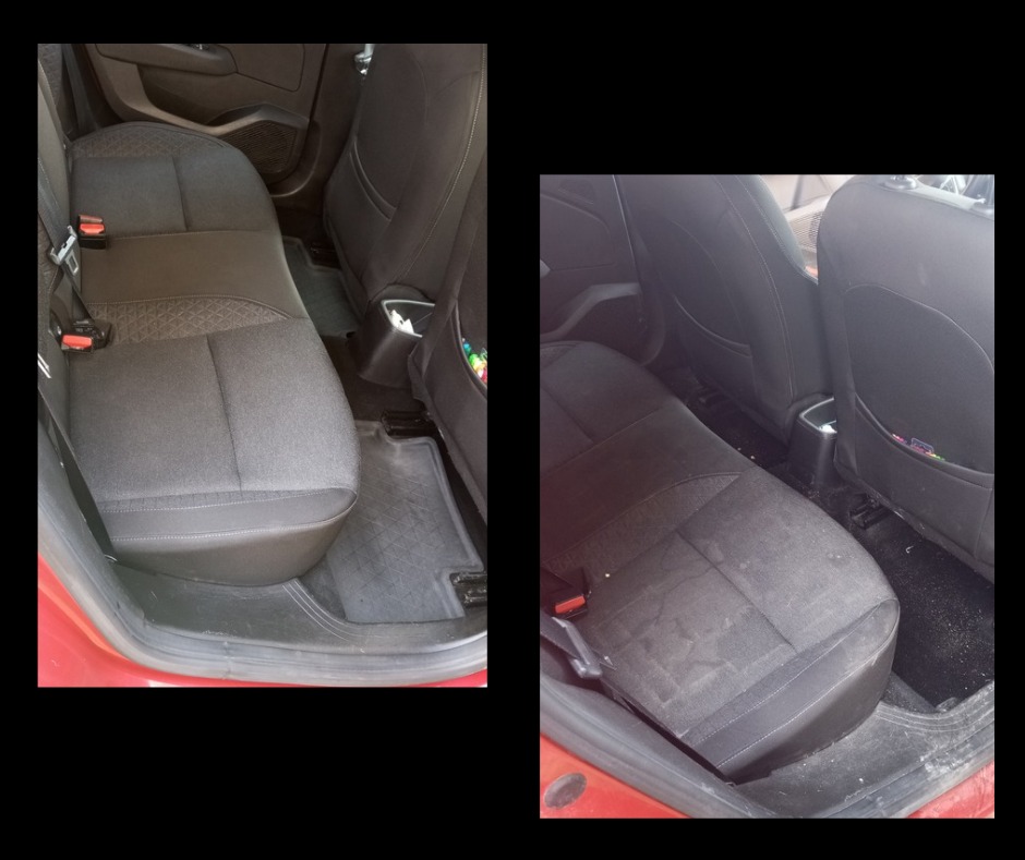 Zdjęcie 'przed i po' prania tylnej kanapy samochodowej. Po lewej czysta, po prawej brudna, z widocznymi plamami. Czerwone auto.