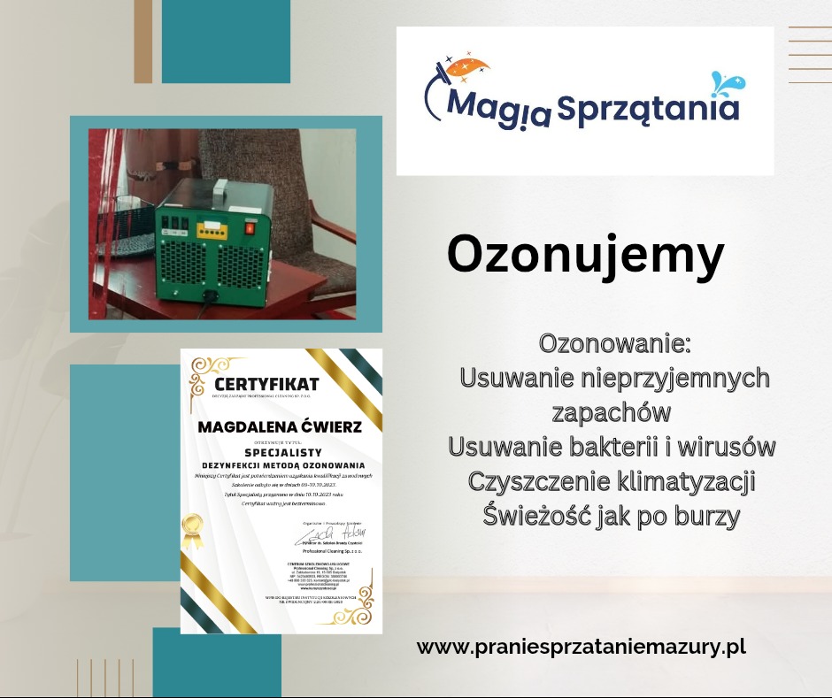 Ozonator na stole obok krzesła, certyfikat specjalisty dezynfekcji metodą ozonowania oraz logo i opis usługi ozonowania.