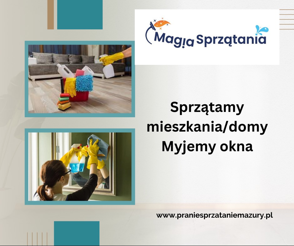 Zestaw środków czystości w wiadrze, odkurzony salon i kobieta myjąca lustro. Grafika reklamowa firmy sprzątającej.