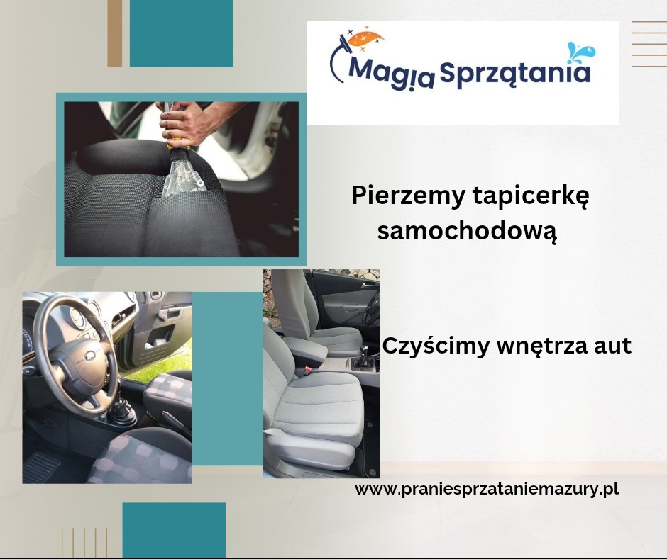 Czyszczenie tapicerki samochodowej: dysza odkurzacza piorącego na zagłówku, wnętrze auta z szarą tapicerką. Oferta firmy Magia Sprzątania z Mazur.