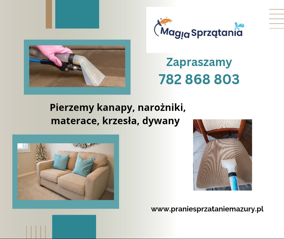 Grafika reklamowa firmy oferującej pranie mebli tapicerowanych i dywanów. Na zdjęciu widoczne etapy czyszczenia kanapy i krzesła za pomocą specjalistycznego sprzętu.