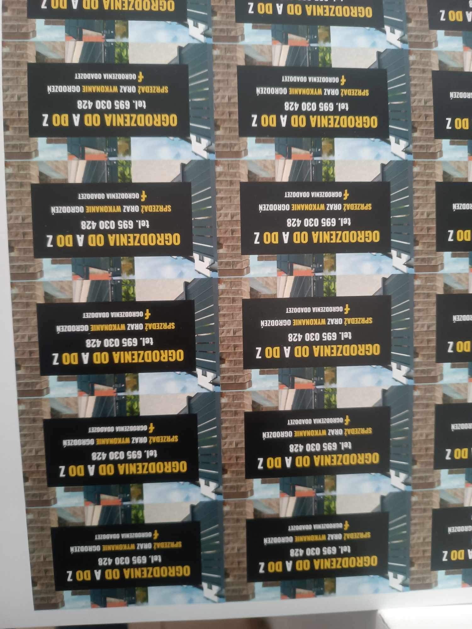 Arkusz z powielonymi wizytówkami firmy oferującej sprzedaż i montaż ogrodzeń, zawierający dane kontaktowe i logo.