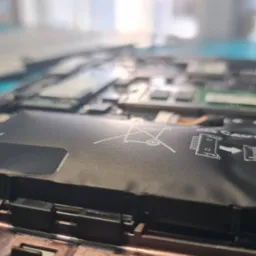 Widok z bliska na wnętrze otwartego laptopa, z widoczną czarną, płaską baterią z nadrukowanymi symbolami ostrzegawczymi i instrukcjami, otoczoną elektroniką i elementami obudowy.