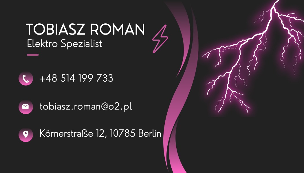 Wizytówka elektryka Tobiasza Romana z adresem, numerem telefonu i adresem email, ozdobiona symbolem błyskawicy i stylizowanym motywem wyładowań atmosferycznych w kolorze fuksji.