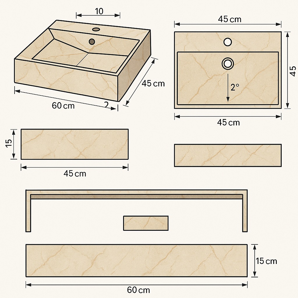 Schemat techniczny umywalki z beżowego marmuru z zaznaczonymi wymiarami: 60x45 cm, wysokość 15 cm. Rysunek prezentuje różne widoki umywalki.